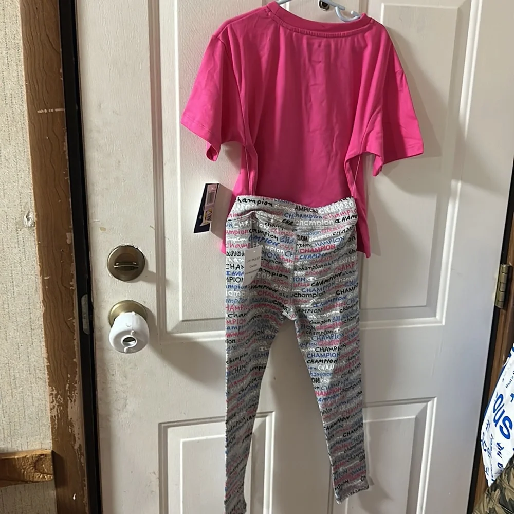 CHAMPION KIDS TWO PIECE OUTFIT: TEE/LEGGINGS: PINK/GRAY: NWT: SIZE 6